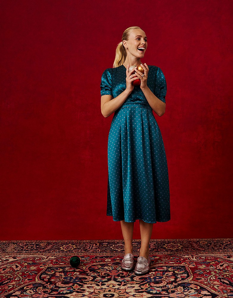 Siobhan Satin Wrap-Front Dress in Teal Green Foulard Dot Print