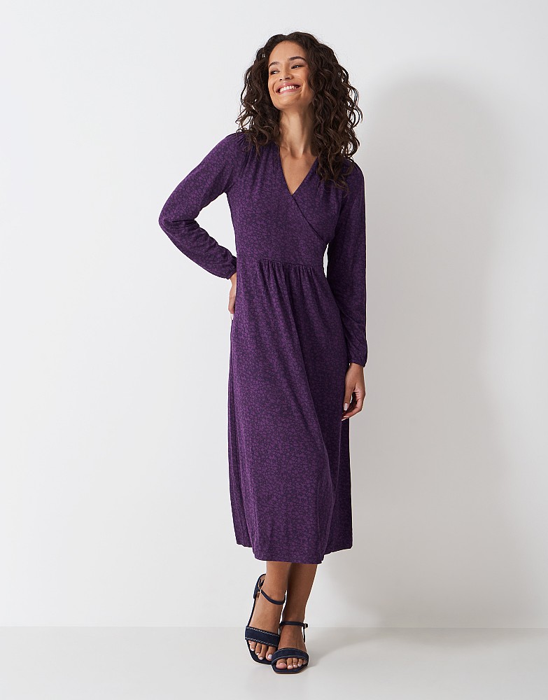 Edith Daisy Print Long Sleeve Jersey Wrap Dress in Purple