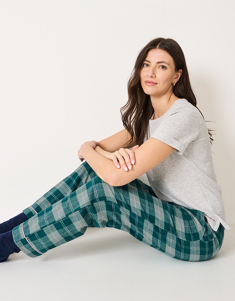 Cotton-Flannel Pyjama Bottoms in Green Pink Check