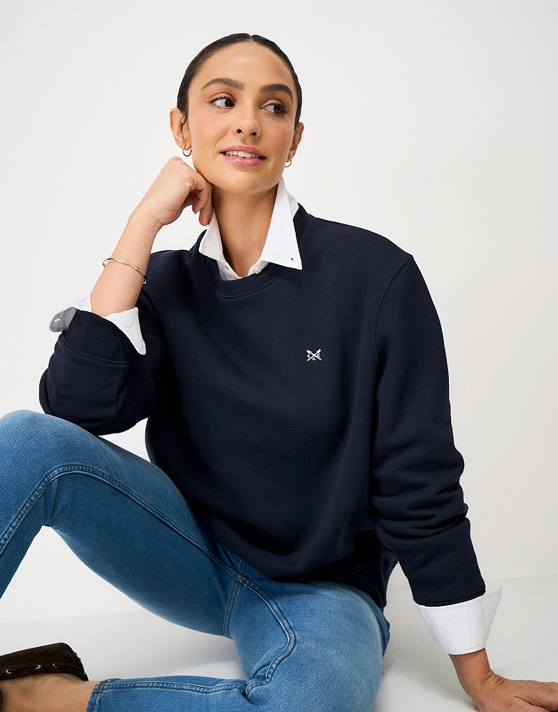 Crew Neck Cotton Blend Sweatshirt in Navy