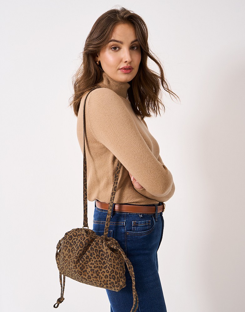 Drawstring Crossbody Bag in Leopard Print Suede