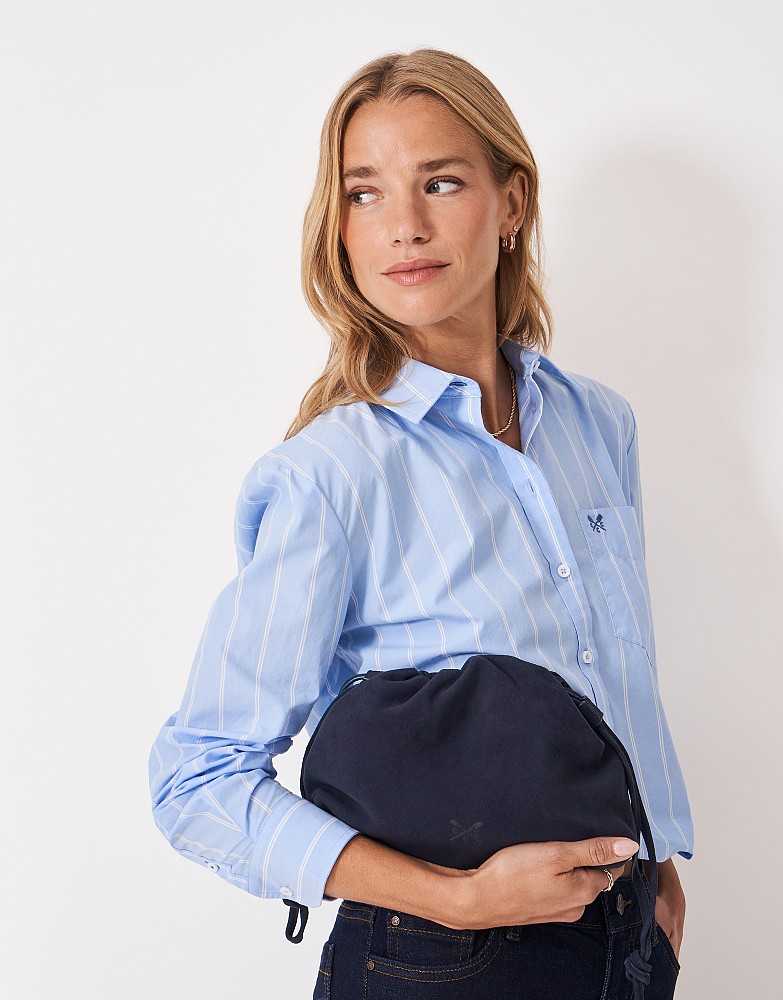 Drawstring Crossbody Bag in Navy Suede
