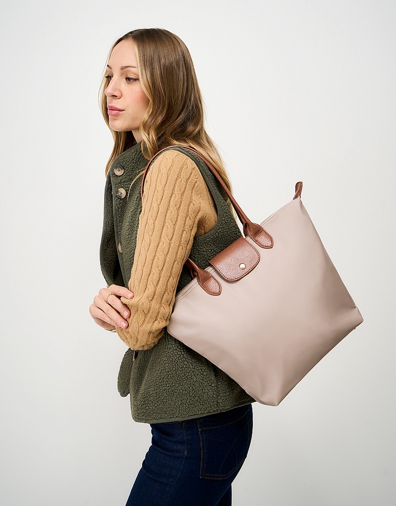 Classic Zip Top Nylon Tote in Beige