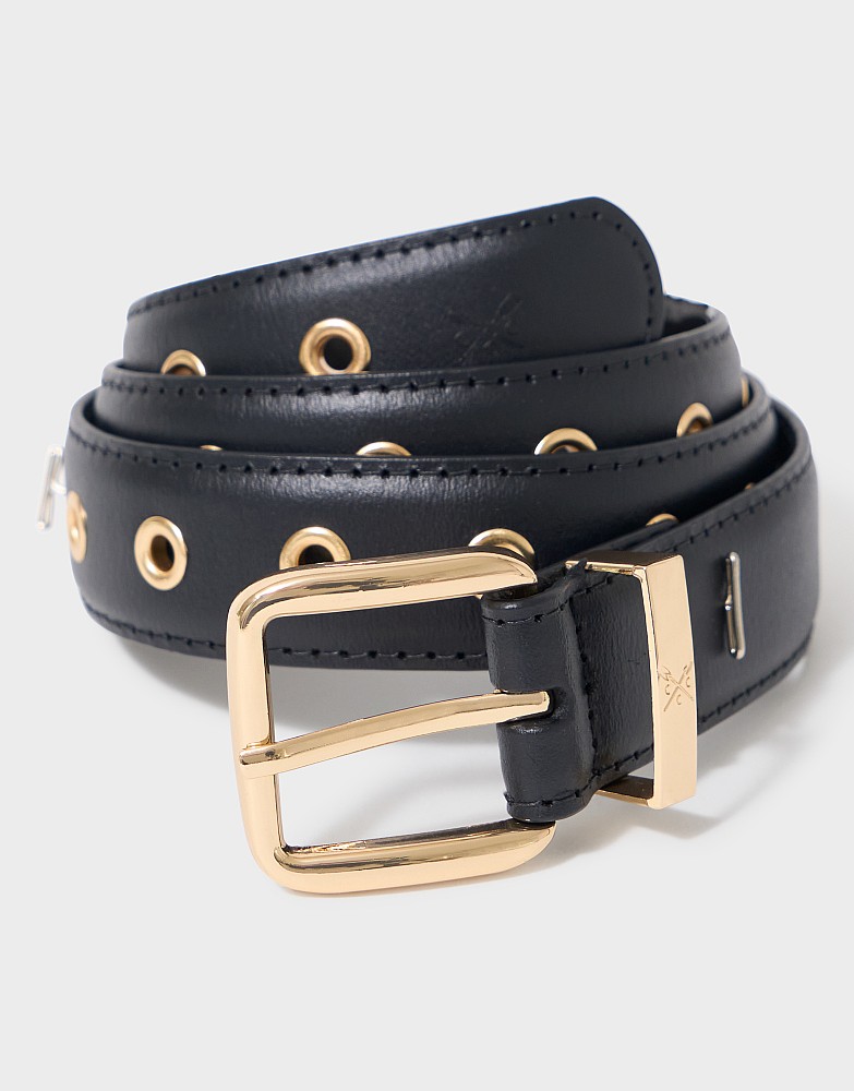 Leather Eyelet Jeans Belt in Navy