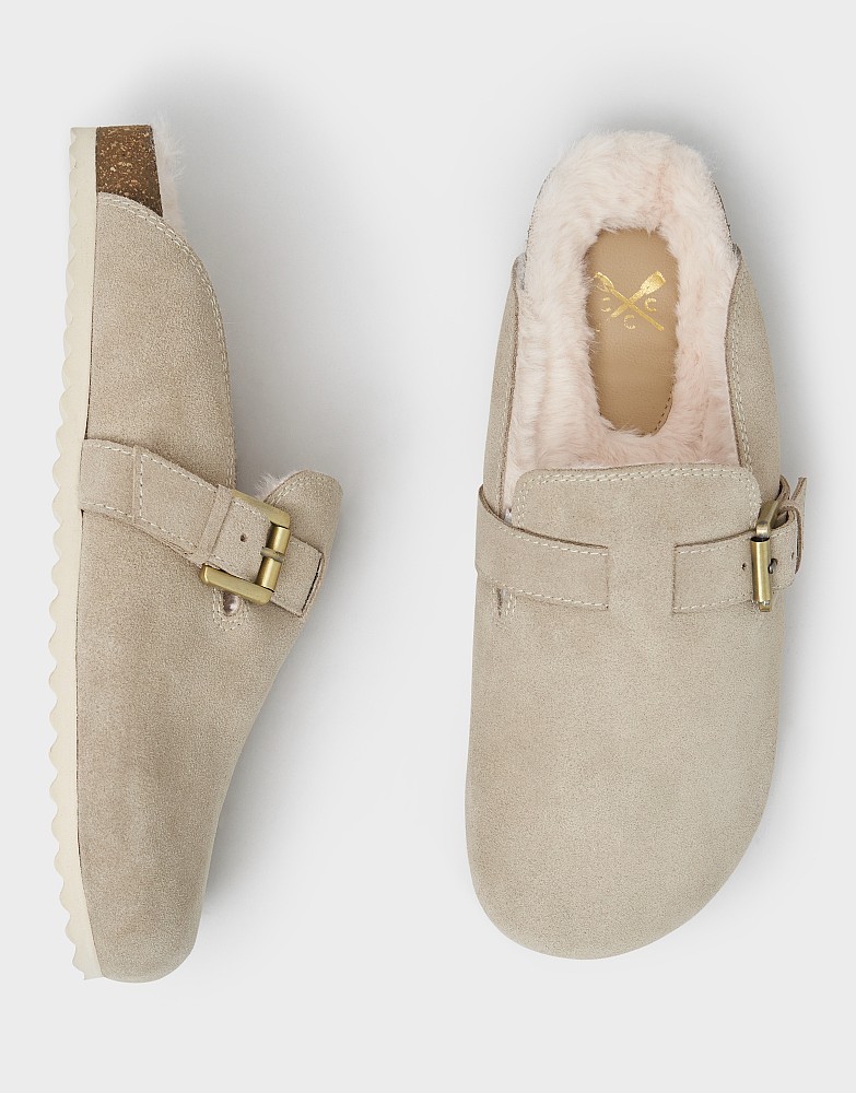 Faux Fur Lined Suede Mule Slipper in Taupe