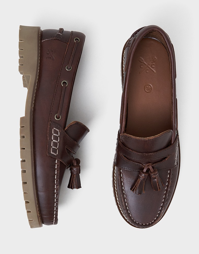 Chunky Tassel Leather Boat Shoe in Chocolate Brown