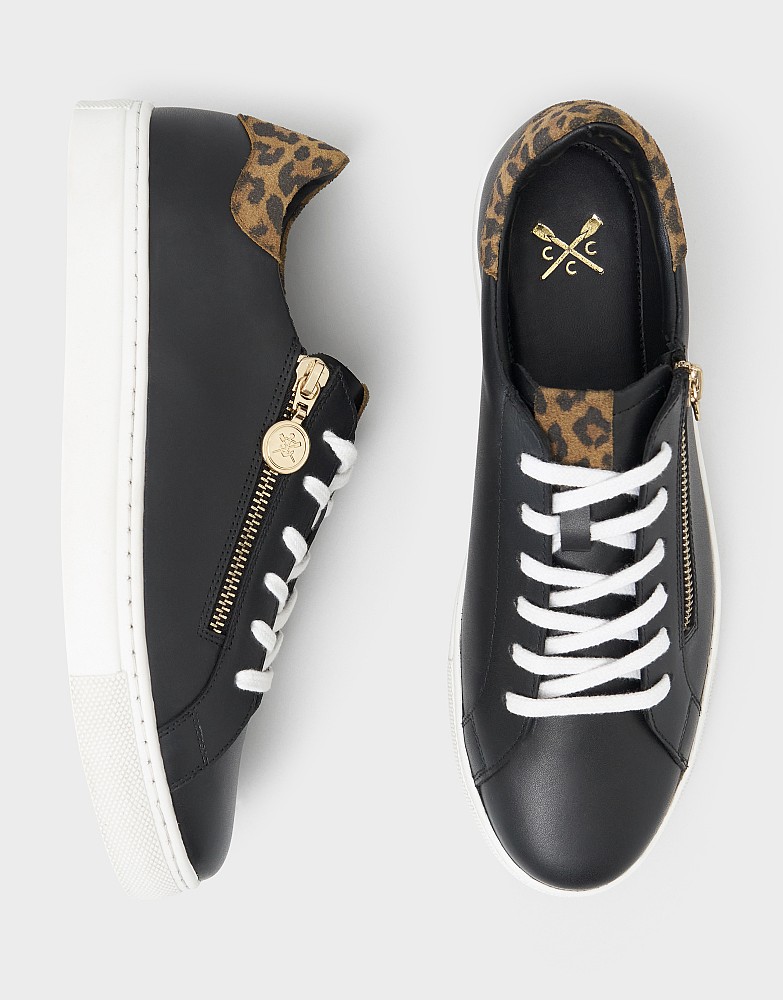 Zip Detail Leather Trainers in Black