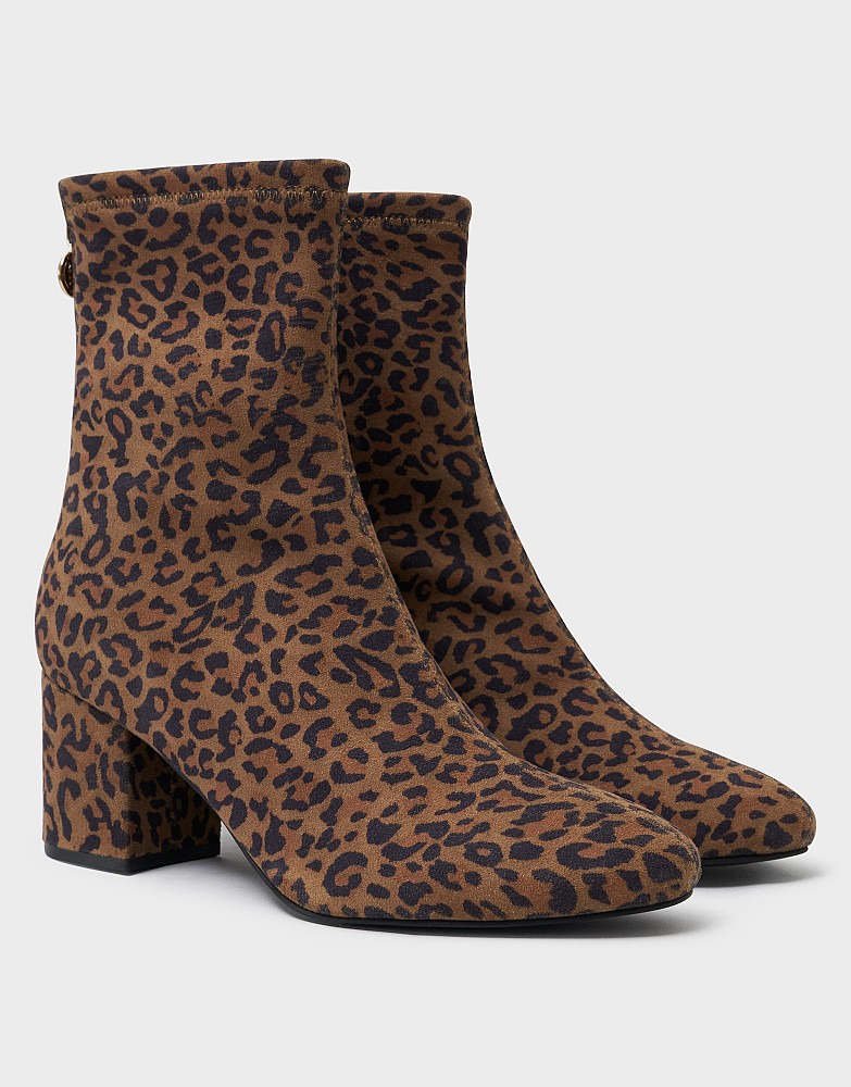 Stretch-Suede Ankle Boot in Brown Leopard Print
