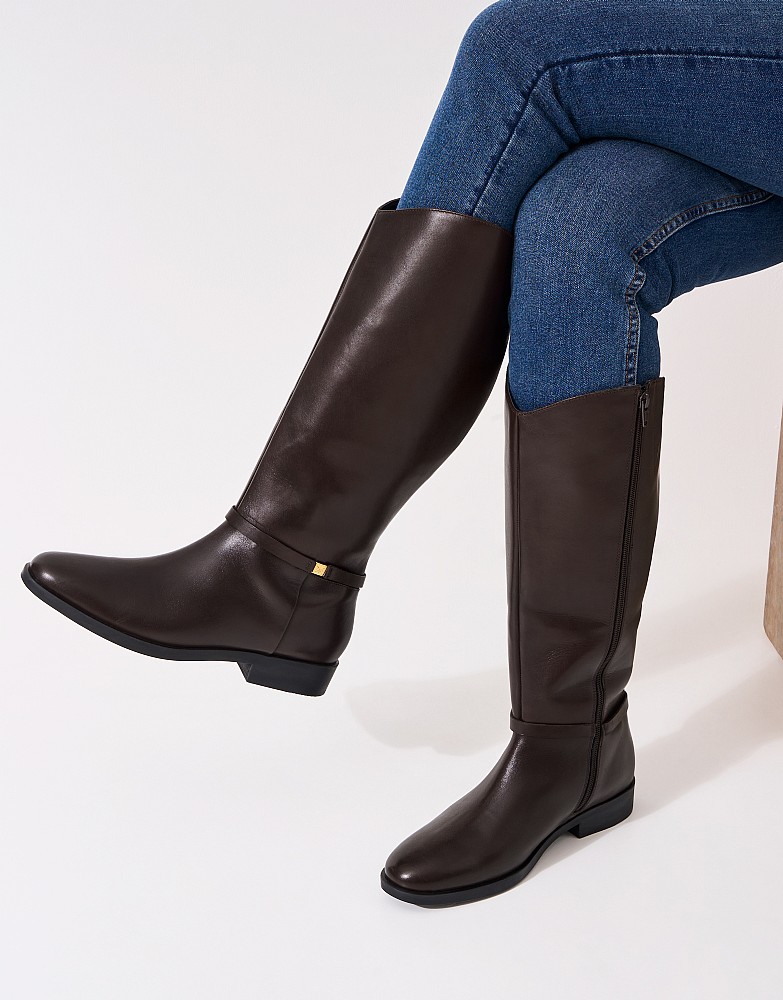 Tall Leather Ankle Strap Boot in Chocolate Brown