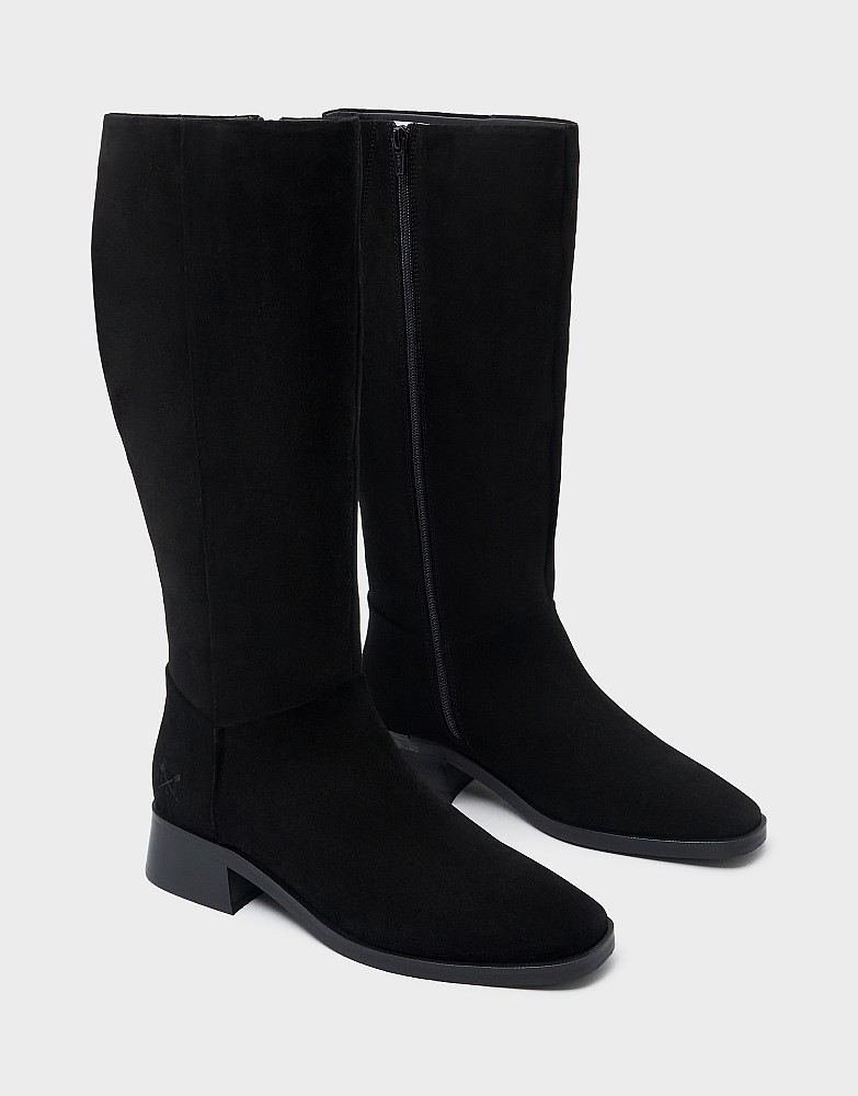 Suede Square-Toe Knee-High Boot in Black