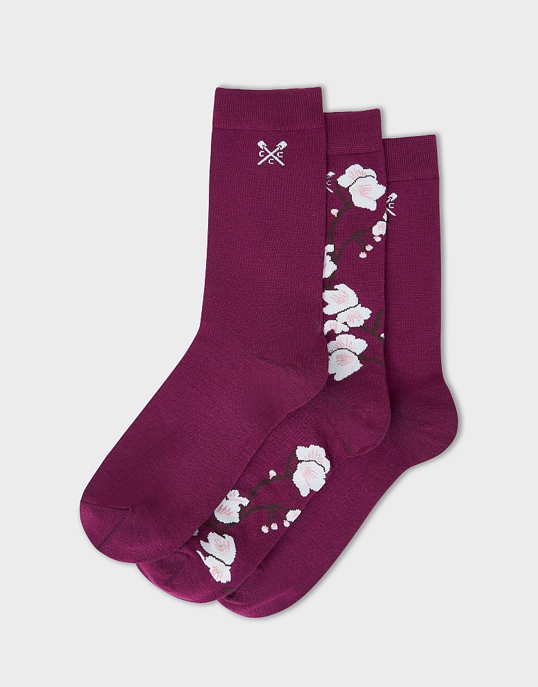 3-Pack Cherry Blossom Socks in Burgundy