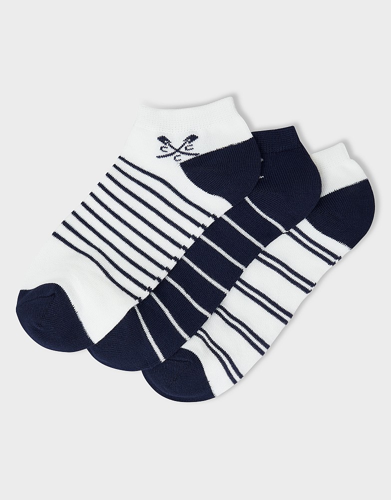 3-Pack Bamboo Trainer Socks in White & Deep Blue Stripe