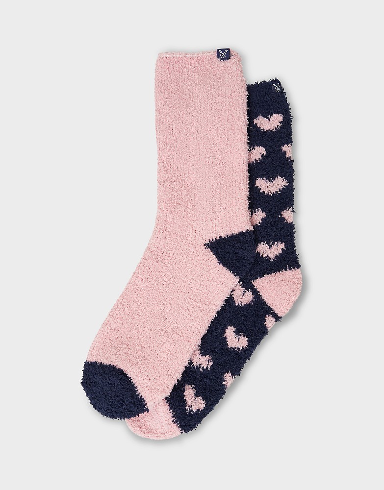 2 Pack Fluffy Socks in Dark Blue & Pink Hearts