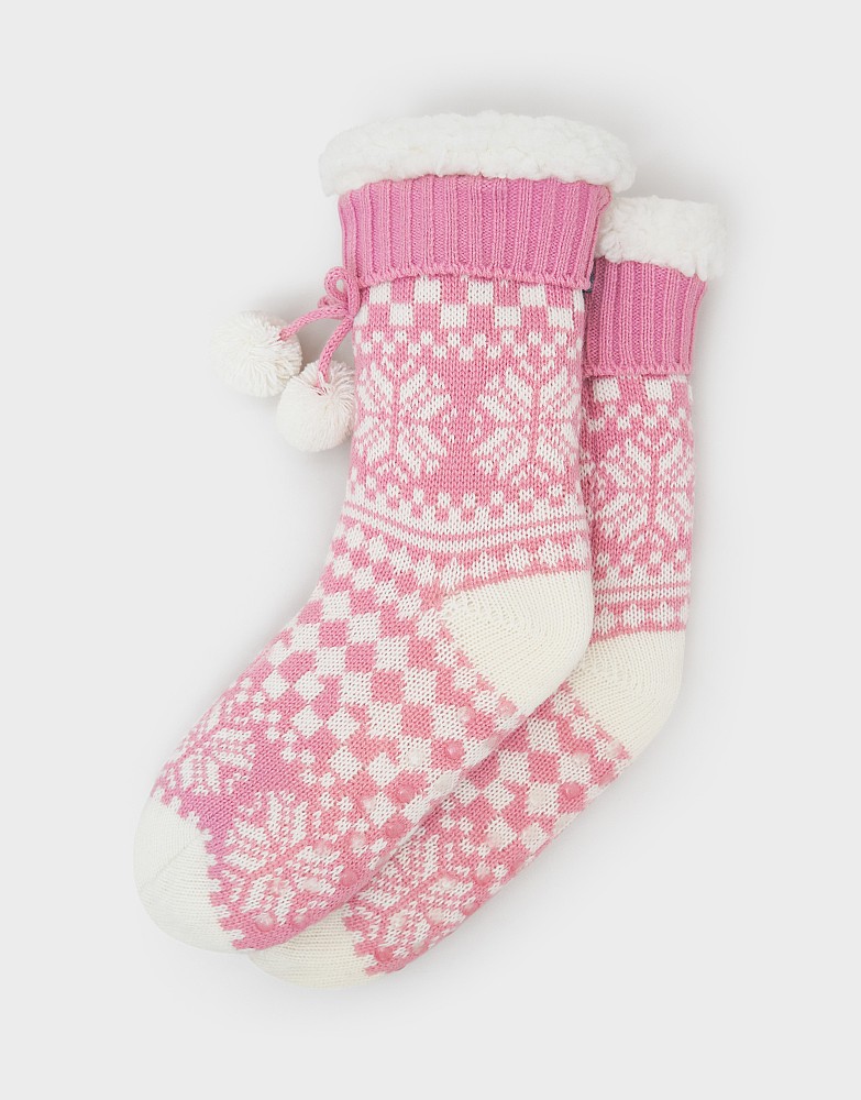 Faux Fur-Lined Socks in Pink & White