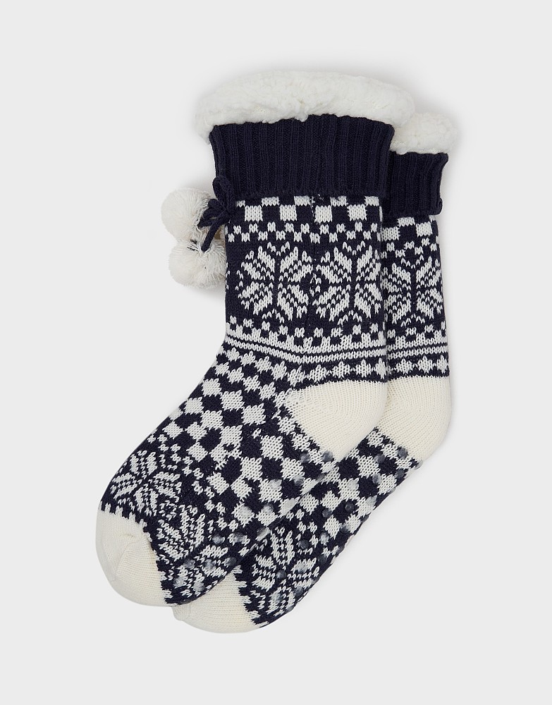 Faux Fur-Lined Socks in Dark Blue & White