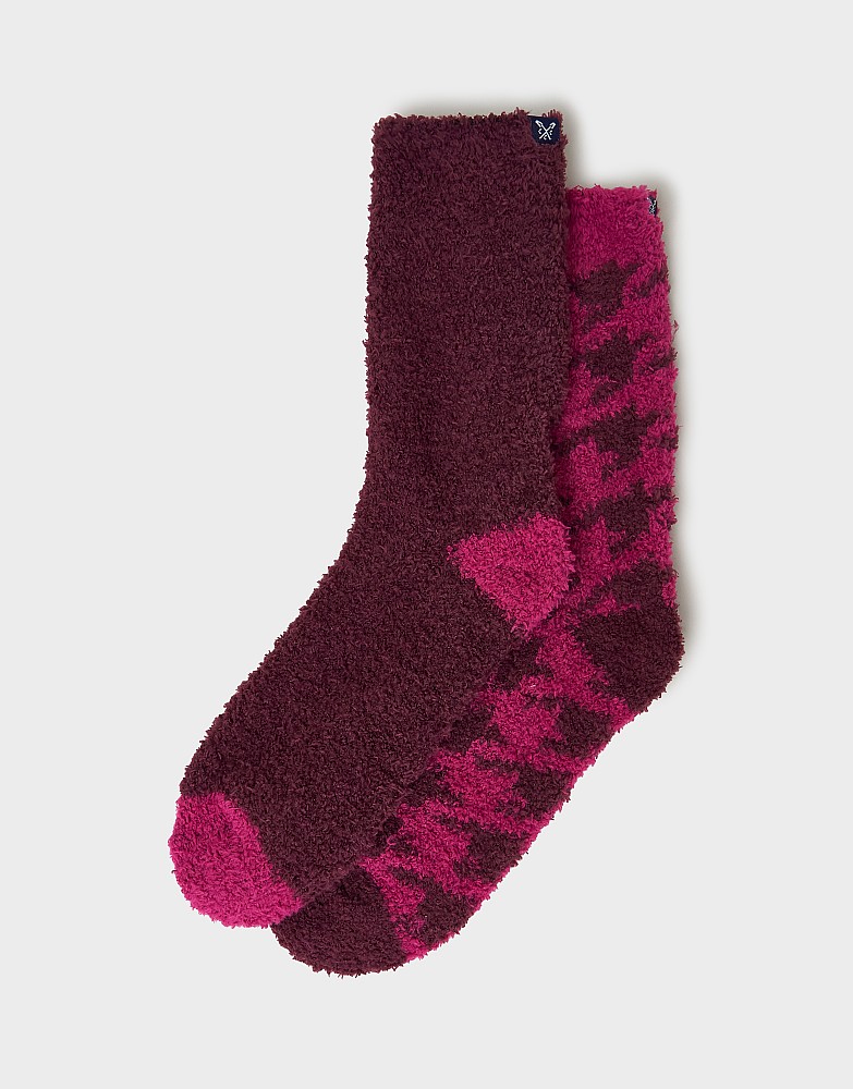 2 Pack Fluffy Socks in Cherry & Burgundy Print