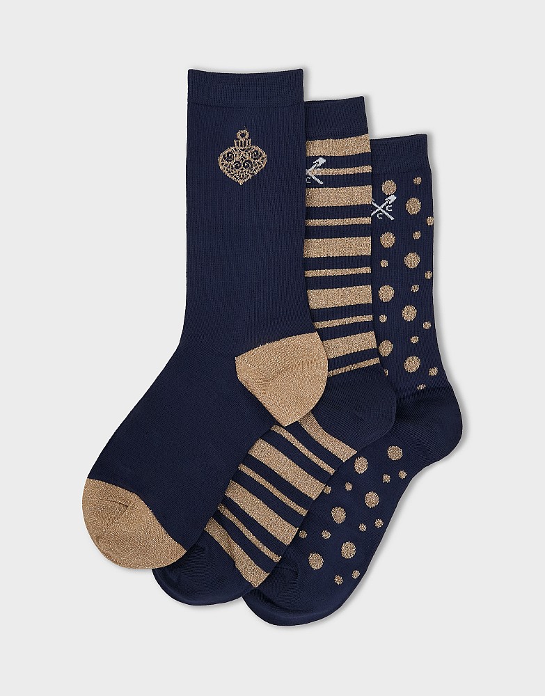 3-Pack Patterned Bamboo Socks in Dark Blue & Gold Lurex