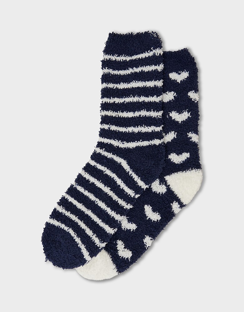 2 Pack Fluffy Socks in Navy and White Print
