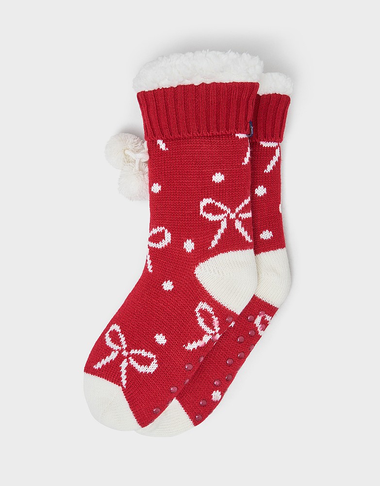 Bow Printed Cosy Socks in Red