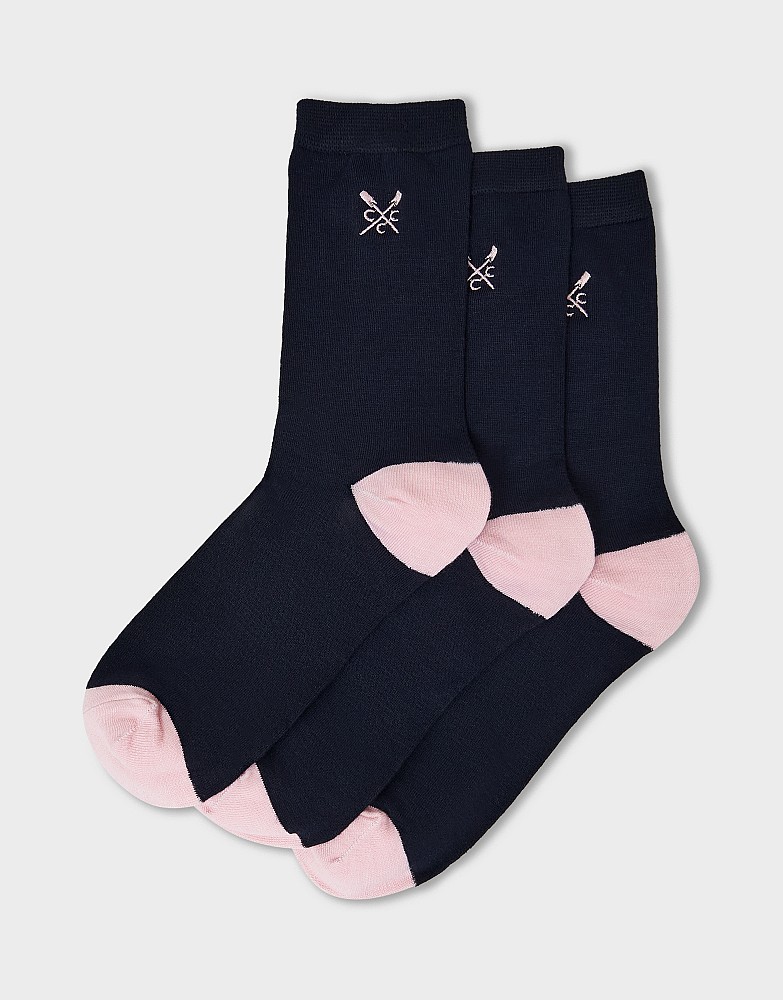 3 Pack Bamboo Embroidered Socks in Navy