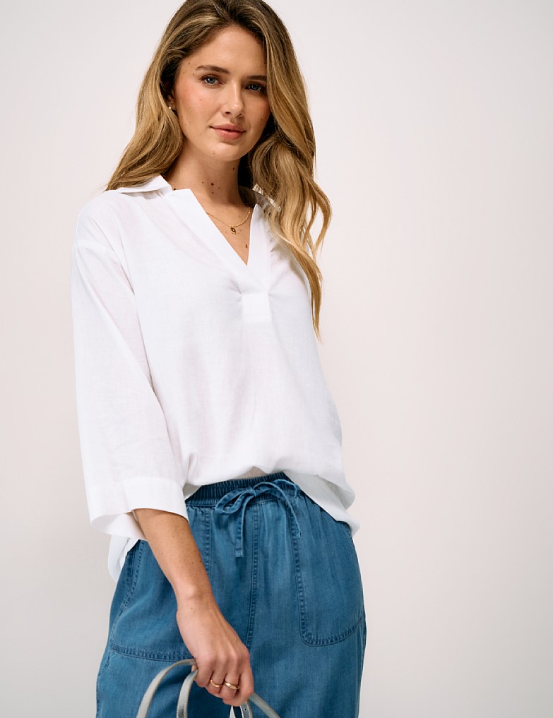 Anya Linen Blend Popover Shirt in White