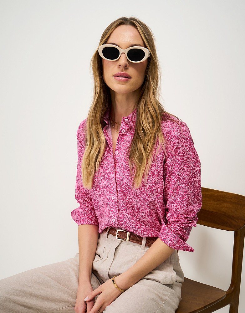 Relaxed-Fit Linen-Blend Shirt in Pink Hibiscus Print