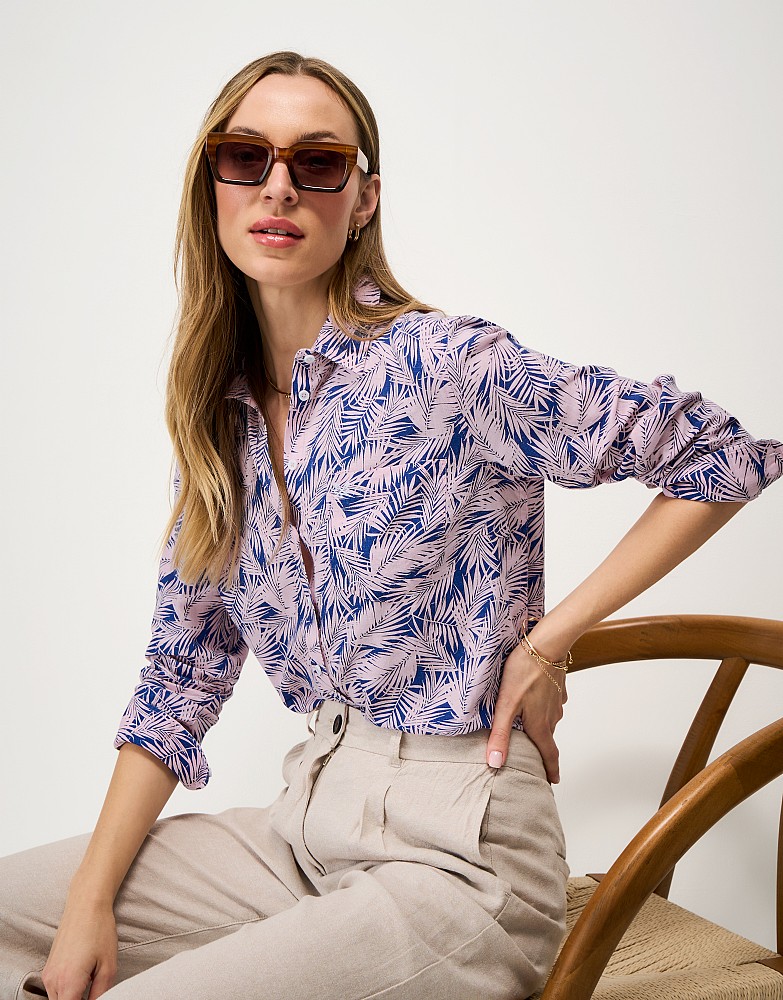 Relaxed-Fit Linen-Blend Shirt in Pink & Blue Palm Print