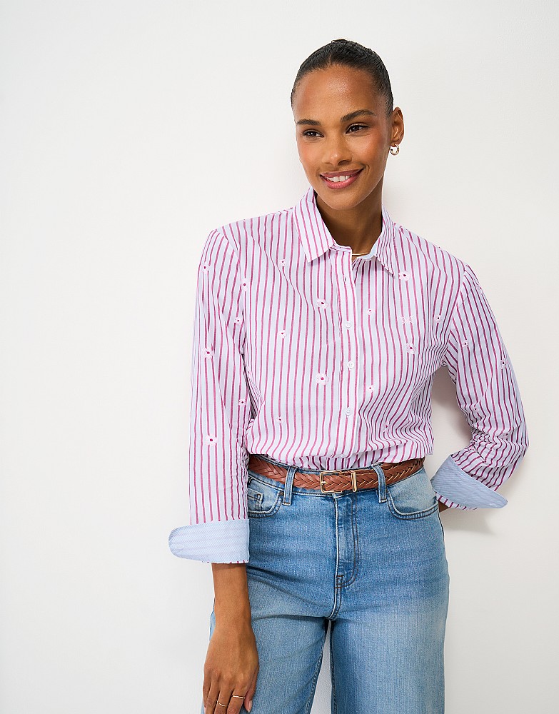 Relaxed Fit Embroidered Cotton Poplin Shirt in Pink and White Stripe