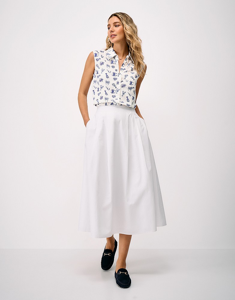 Relaxed Sleeveless Linen-Blend Shirt in Ivory Lobster Print