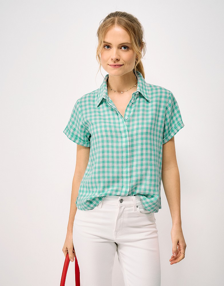 Relaxed Linen-Blend Shirt in Blue Gingham Print