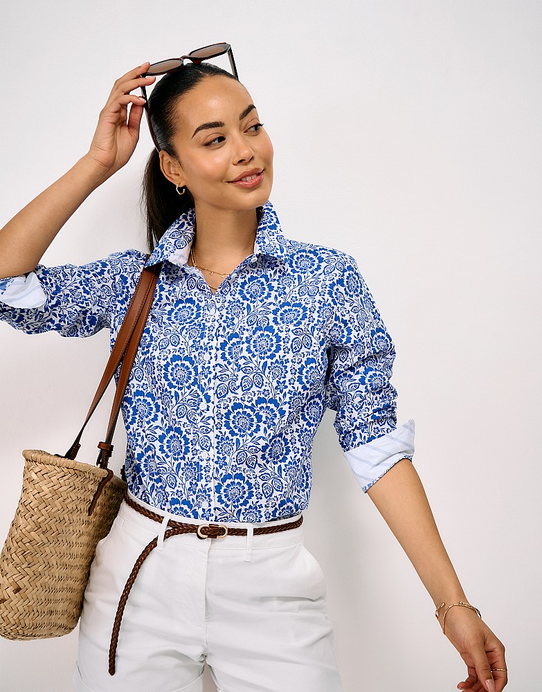 Relaxed Fit Poplin Shirt in Blue Floral Print