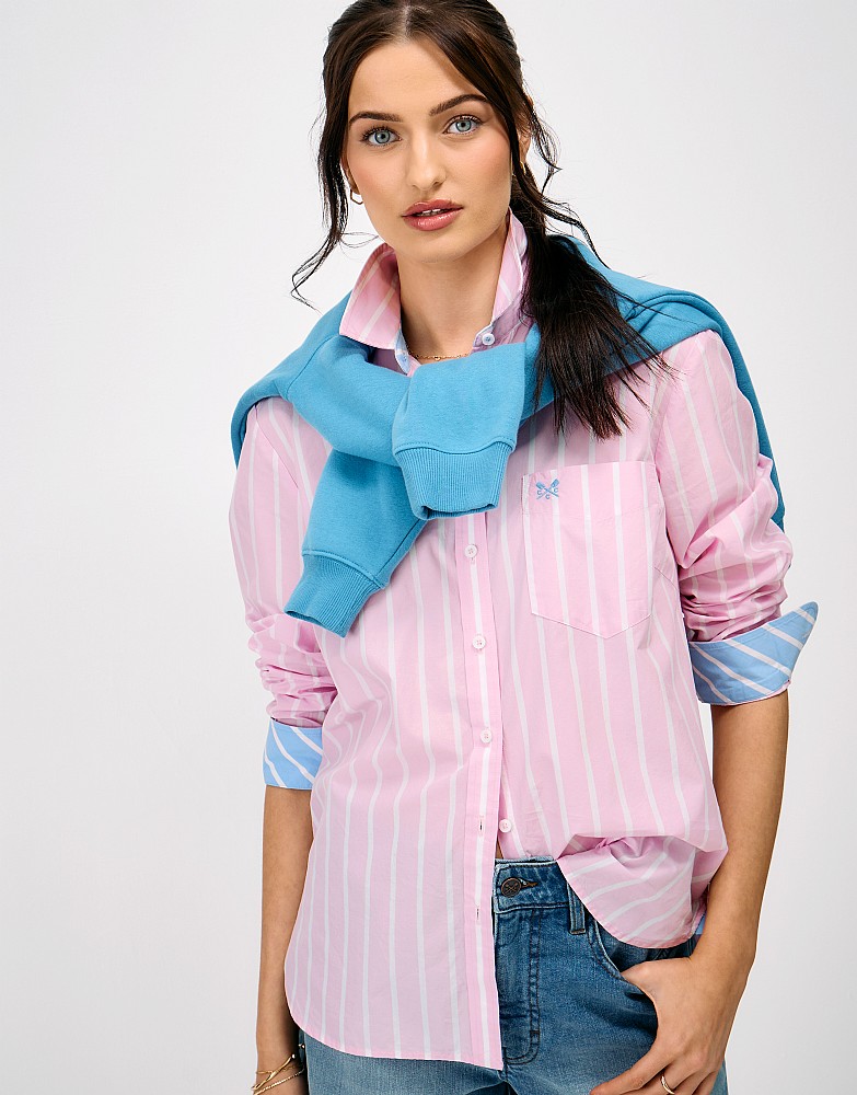 Relaxed Fit Cotton Poplin Shirt in Pink and White Stripe