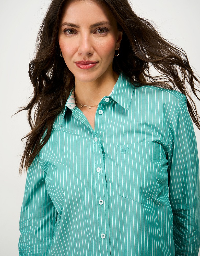 Relaxed Fit Cotton Poplin Shirt in Green & White Stripe