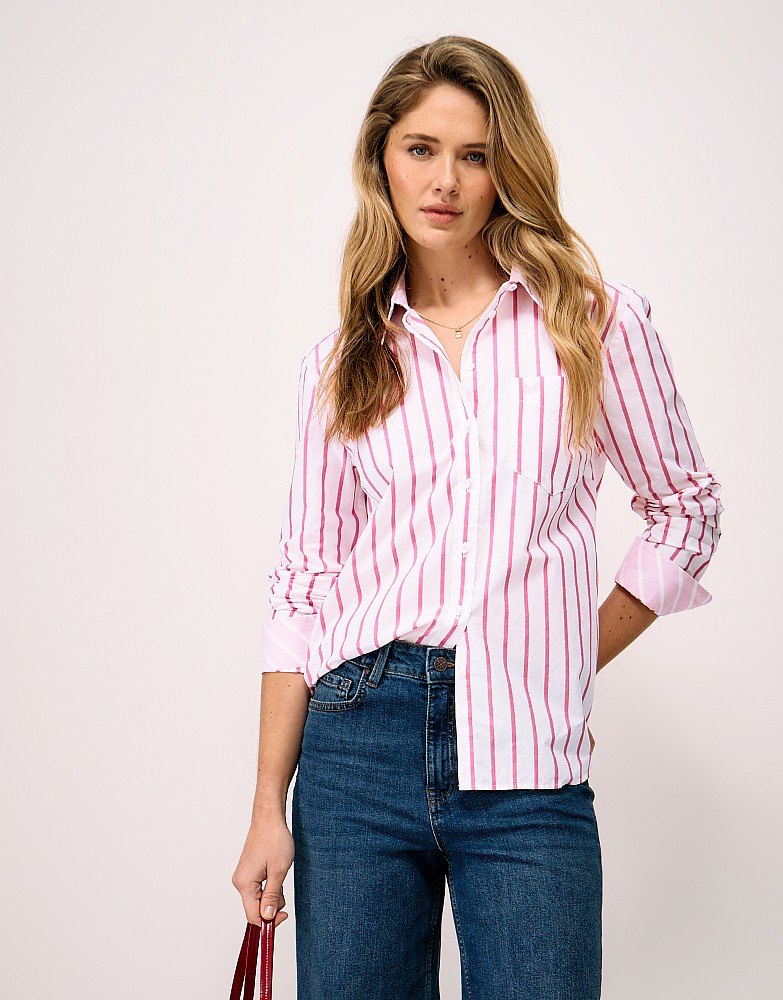 Relaxed Fit Cotton Poplin Shirt in Pink and White Stripe