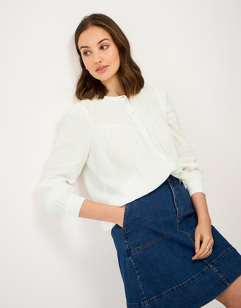 Emmy Embroidered Cotton Button-Through Blouse in White