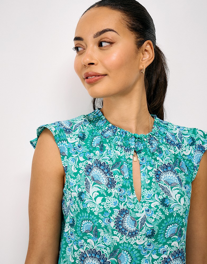 Dara Viscose Sleeveless Paisley Blouse in Blue and Green