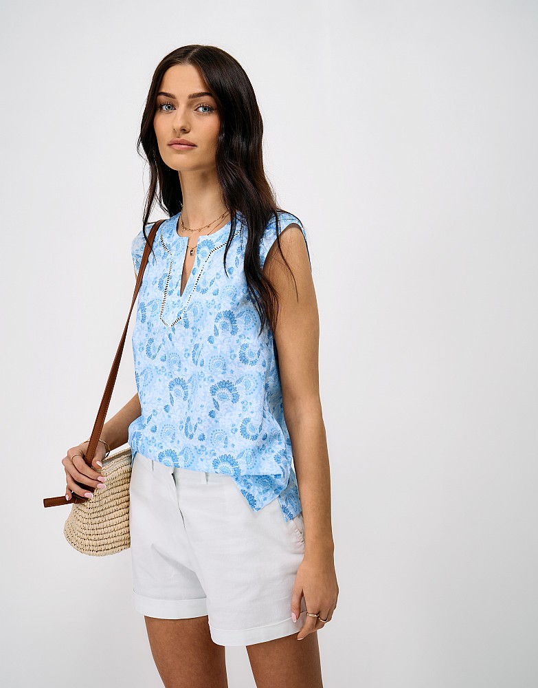 Stephanie Cotton Poplin Blouse in Blue Paisley Floral