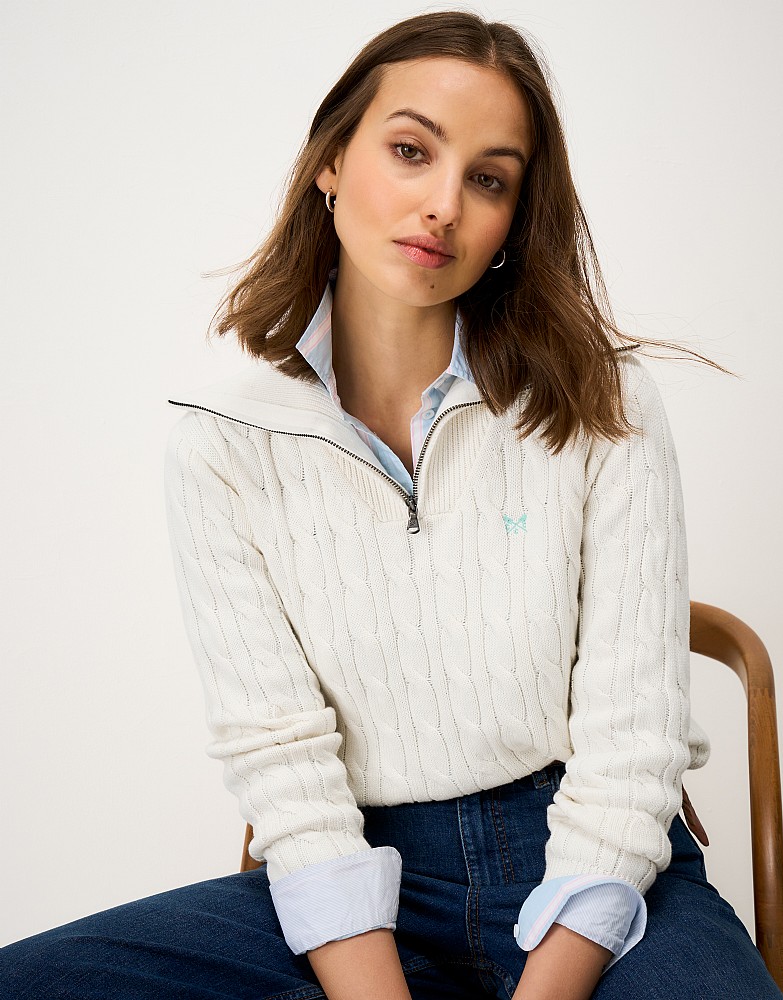 Heritage Cotton Cable-Knit Quarter-Zip Jumper in White