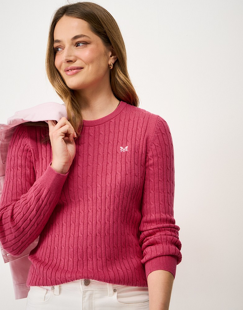 Heritage Cable Crew Neck Jumper with Cashmere in Pink