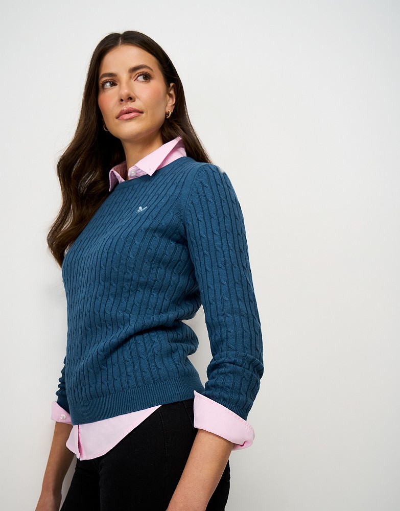 Heritage Cable Crew Neck Jumper with Cashmere in Teal