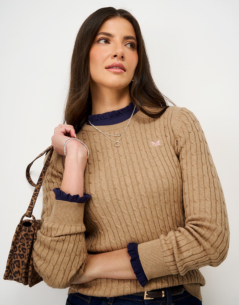 Heritage Cable Crew Neck Jumper with Cashmere in Tan Marl