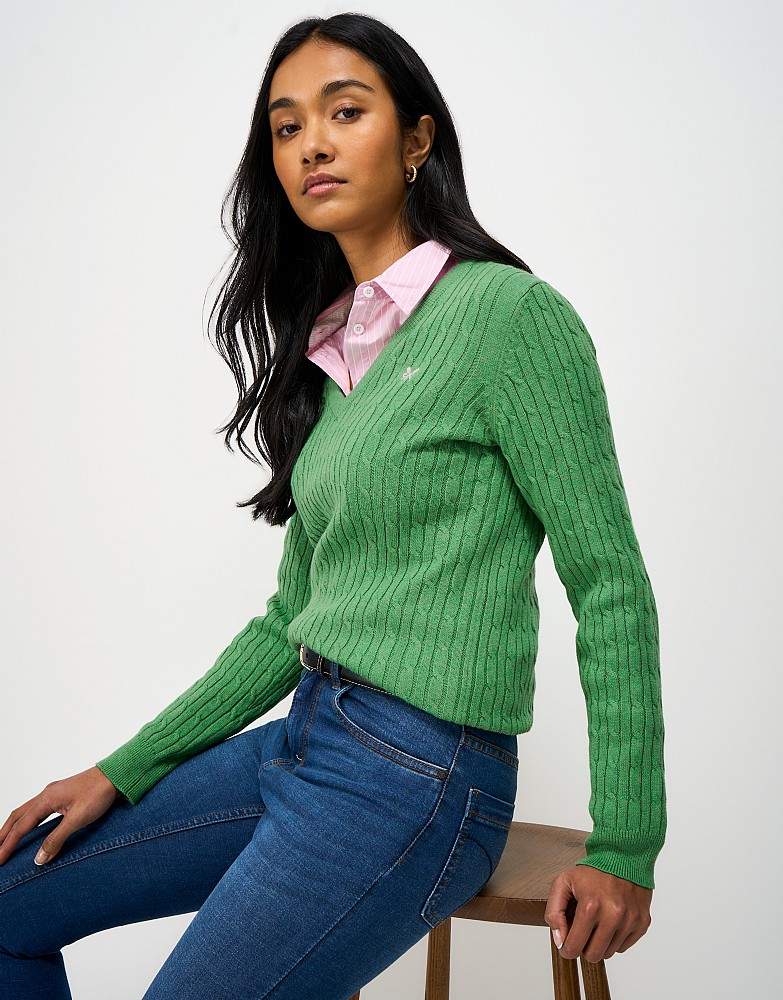 Heritage V Neck Cable Jumper with Cashmere in Green