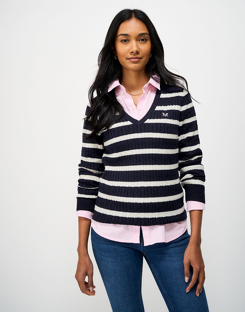 Heritage V Neck Cable Jumper with Cashmere in Navy