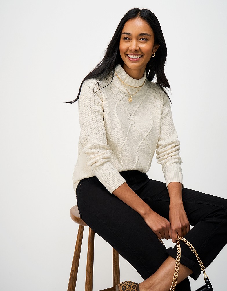 Funnel Neck Cable Knit Jumper in Neutral