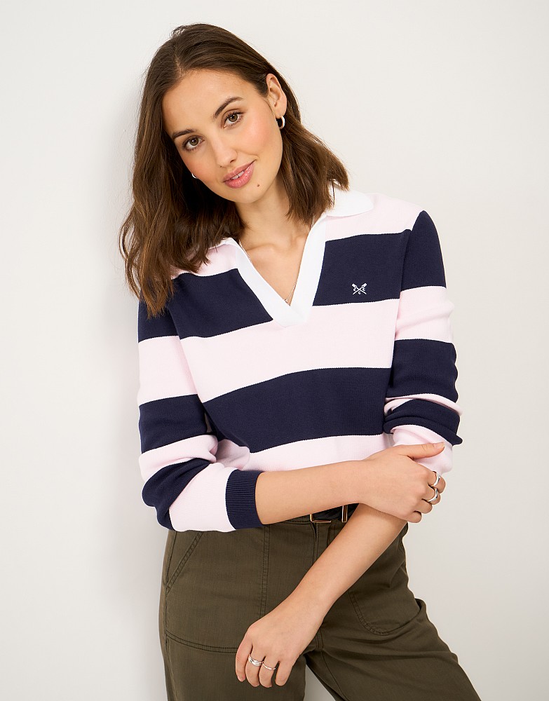 Oversized Cotton Rugby Jumper in Pink & Navy Stripes