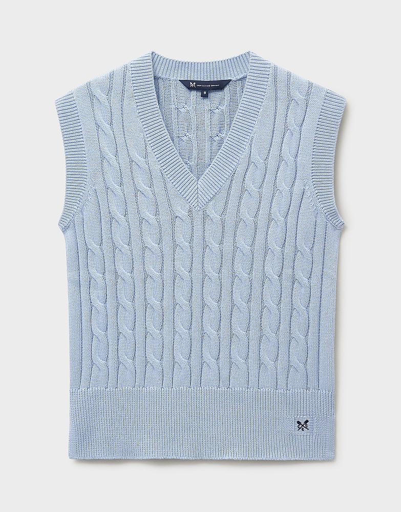 Women's Cotton Cable-Knit V-Neck Vest in Blue from Crew Clothing