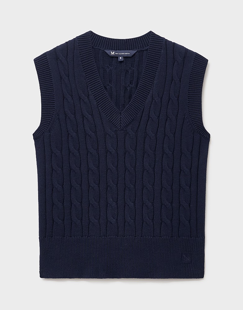 Women's Cotton Cable-Knit V-Neck Vest in Navy from Crew Clothing