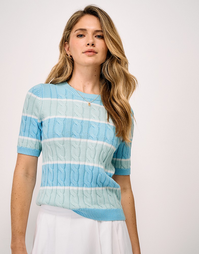 Summer Heritage Cable Knit Striped Tee in Blue & White