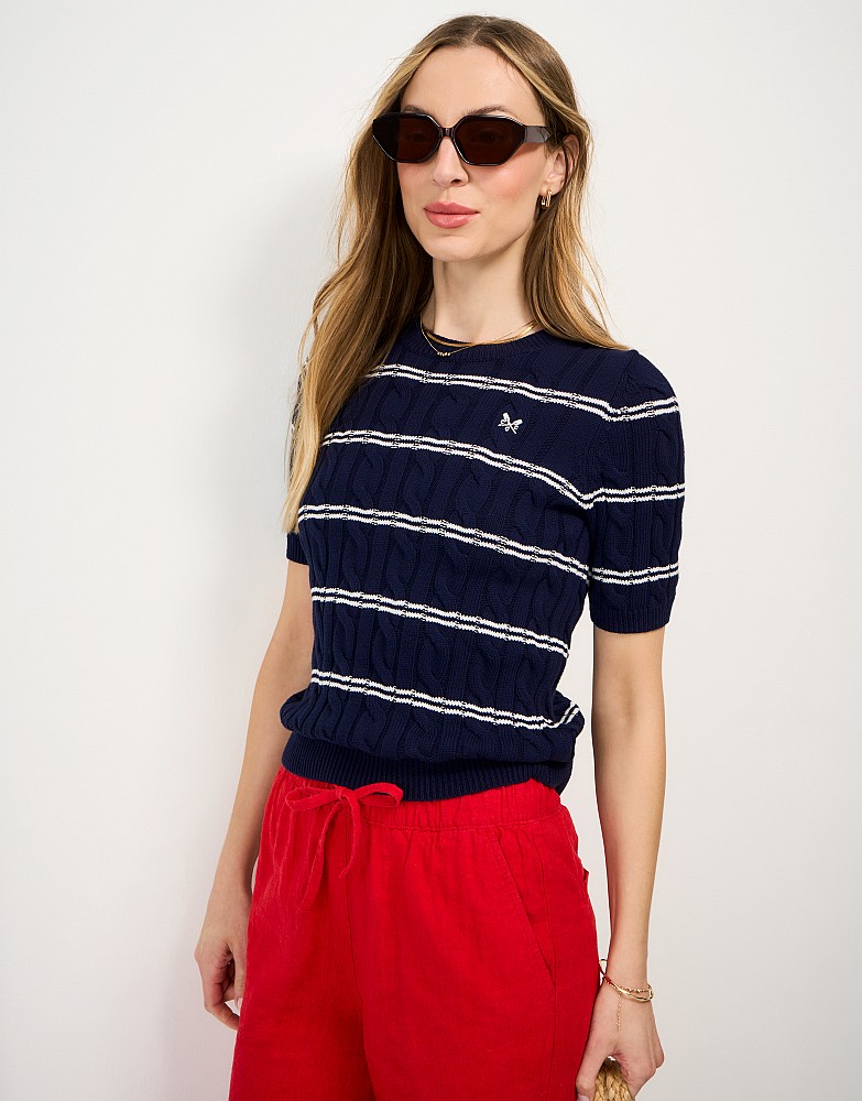 Summer Heritage Cable Knit Striped Tee in Navy & White