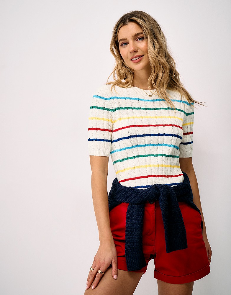 Summer Heritage Cable Knit Striped Tee in White & Multicolours